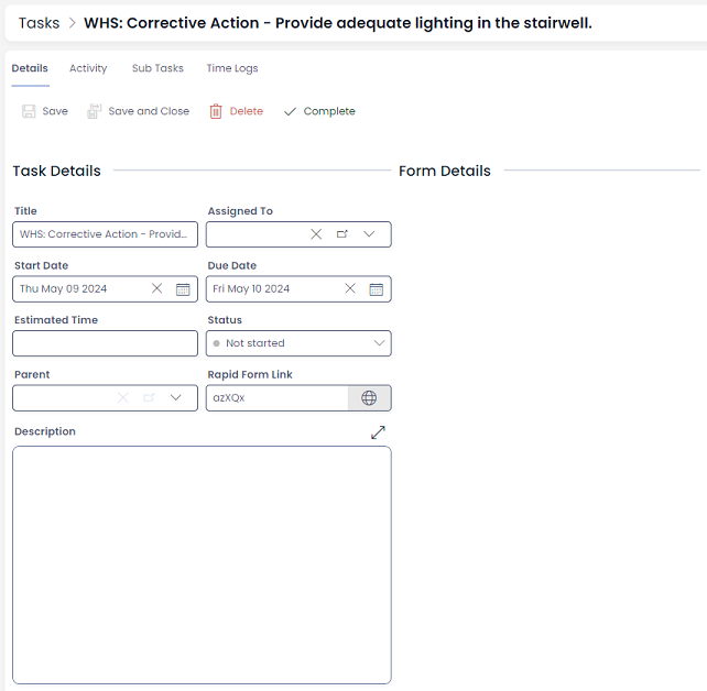 A screenshot of the task generated automatically by a new Corrective Action being created. The title of the task reads: &quot;WHS: Corrective Action - Provide adequate lighting in the stairwell&quot;. 